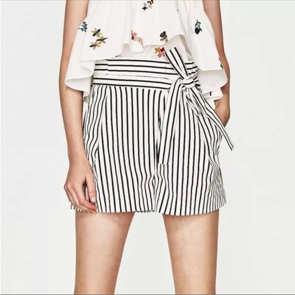 Zara High Waist Black and White Striped Shorts